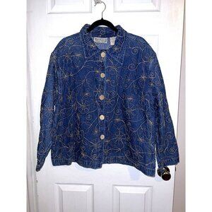 Vintage NEW DIRECTION Denim Floral Embroidered Lagenlook Button Jacket